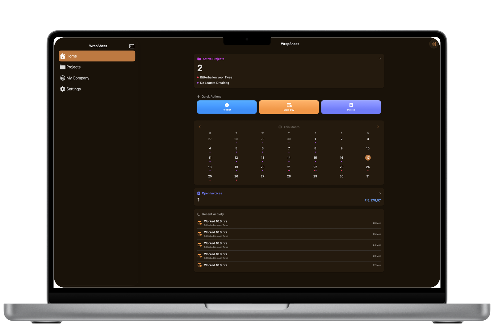 WrapSheet op Mac — home met sidebar en agenda